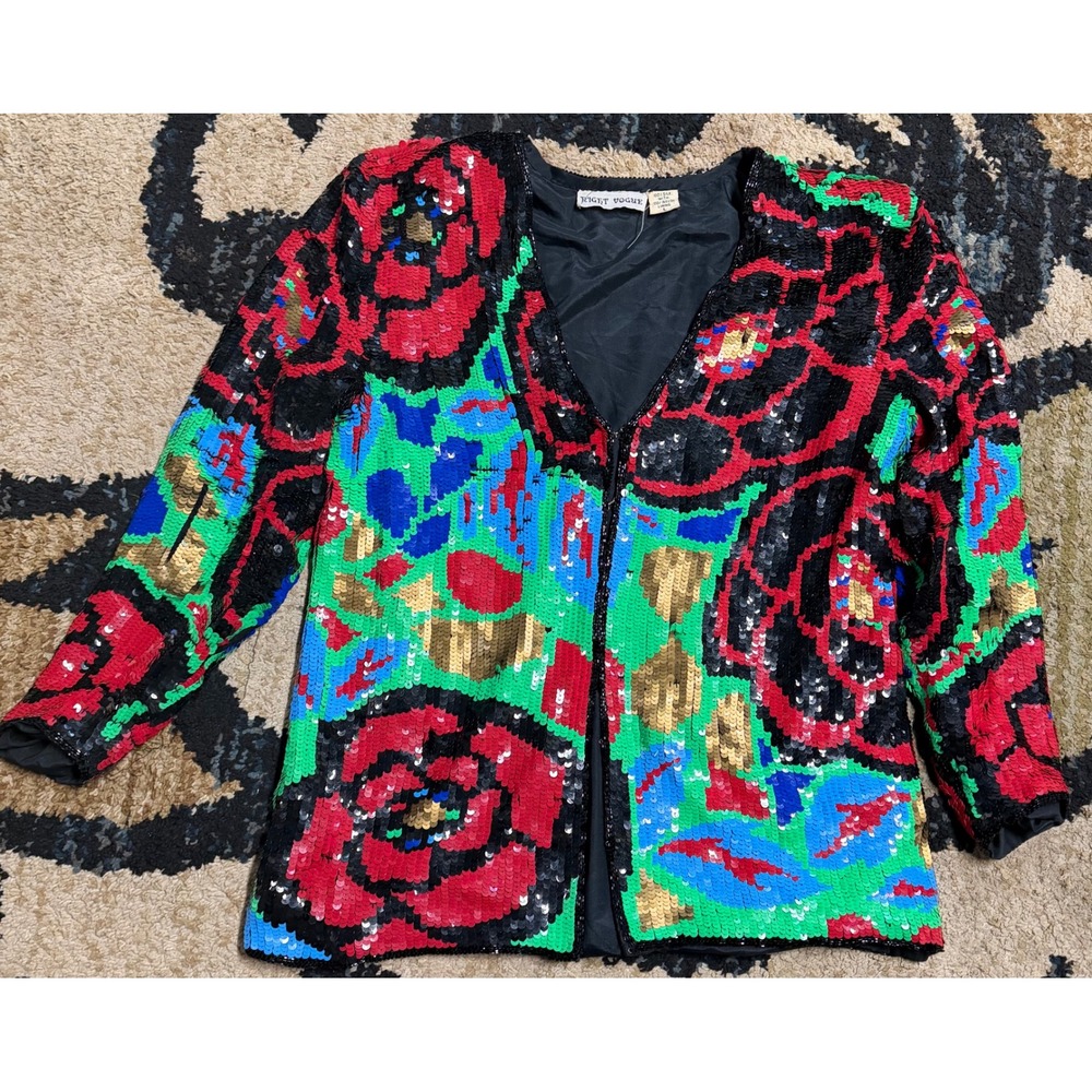 Vintage Night Vogue Silk Sequin Floral Jacket Black Red Green Large Rose Evening
